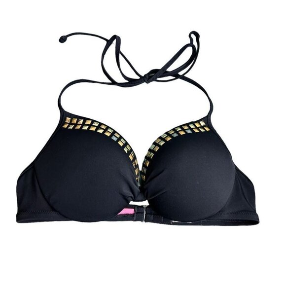 Pink Victoria’s Secret Studded Black Bikini Halter Top Size Medium - Picture 1 of 7